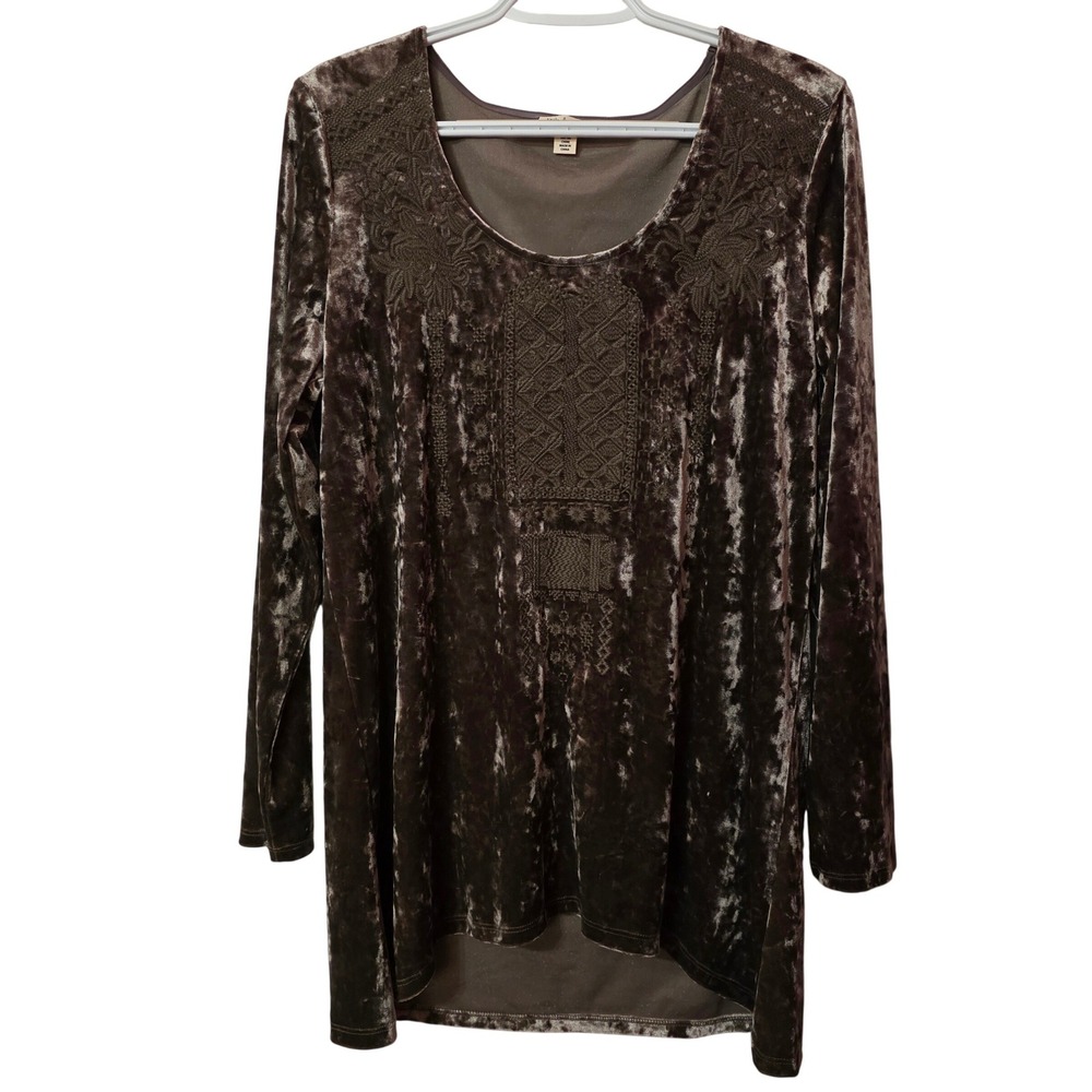Tribal Jeans Brown Crushed Velvet Embroidered Tunic Top Long Sleeve 6036O-1499 M